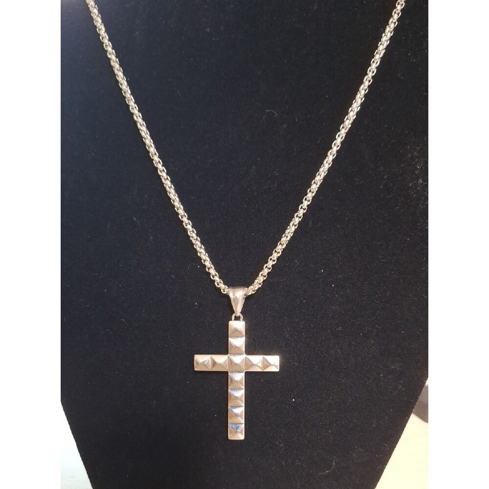 Stainless Steel Silver Pyramid Stud Cross Necklace 26" Chain Length